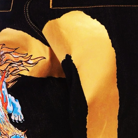 EVISU Brushstroke Daicock Print Denim Jeans w Tiger and Elephant Embroidery NWT - Picture 3 of 14